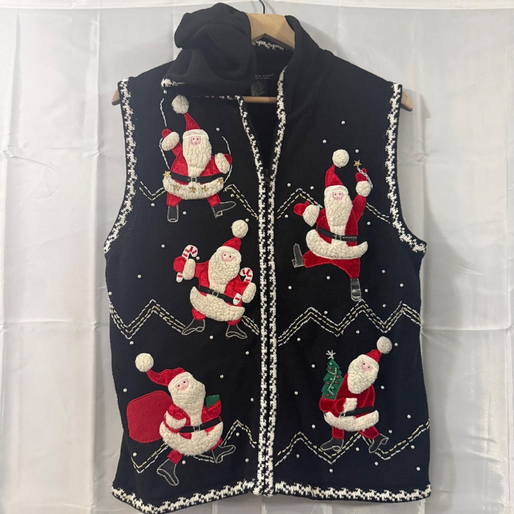 Vtg Reference Point ugly Christmas Sweater Vest Hoodie Zip Santa Pearl Black L